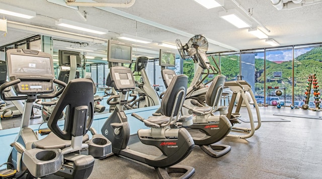 gym with a textured ceiling and floor to ceiling windows