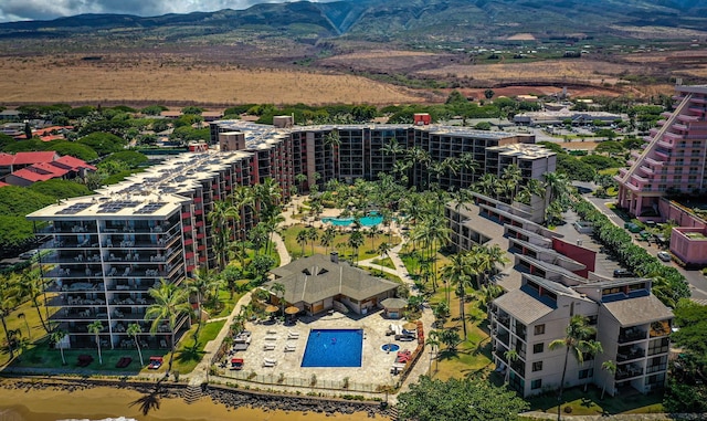 bird's eye view featuring a water and mountain view