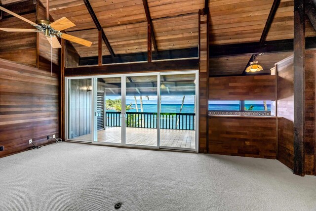 29 Hale Malia Pl, Lahaina, HI 96761 - unfurnished room with wood walls, wood ceiling, carpet floors, and ceiling fan