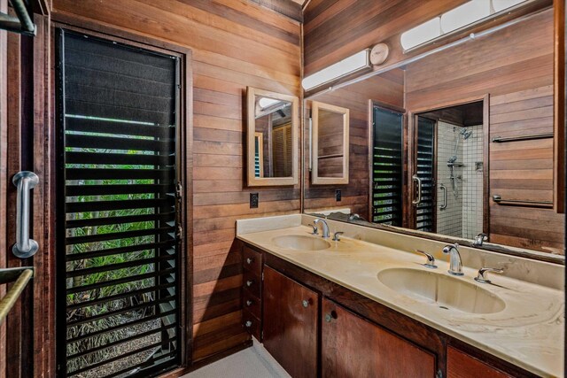 29 Hale Malia Pl, Lahaina, HI 96761 - bathroom featuring wood walls, double vanity, and a shower stall