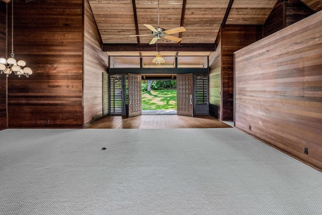 29 Hale Malia Pl, Lahaina, HI 96761 - entryway featuring wood walls, wood ceiling, a ceiling fan, carpet flooring, and a chandelier