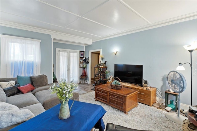 living area featuring light wood-type flooring, baseboards, and ornamental molding