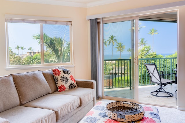 living area featuring plenty of natural light and ornamental molding