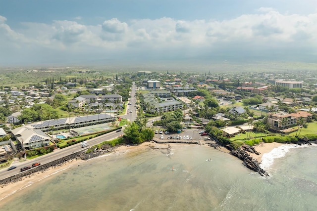 aerial view featuring a water view and a view of the beach