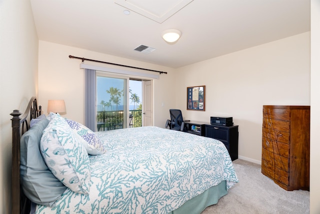 bedroom with baseboards, carpet floors, visible vents, and access to exterior