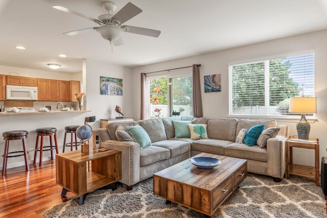 living room featuring dark hardwood / wood-style flooring and ceiling fan