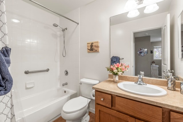 full bathroom with shower / bath combination with curtain, vanity, and toilet