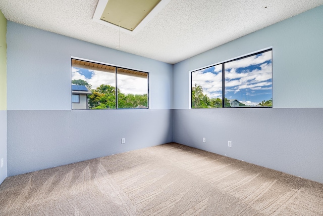 unfurnished room featuring attic access, carpet, and a textured ceiling