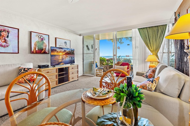 carpeted living room with expansive windows and crown molding