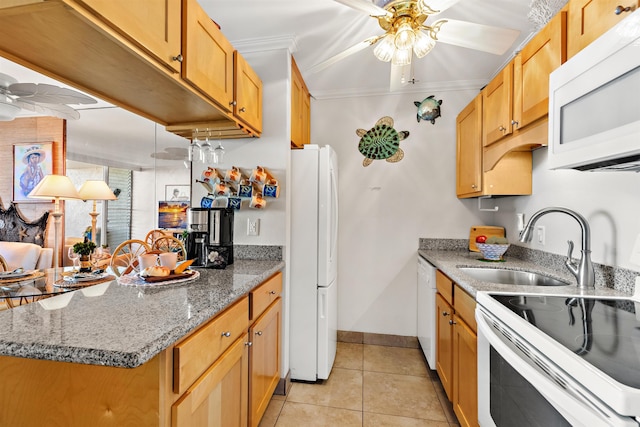 kitchen featuring ceiling fan, sink, crown molding, white appliances, and light tile patterned flooring