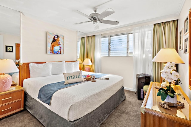 bedroom with carpet flooring, ceiling fan, and ornamental molding