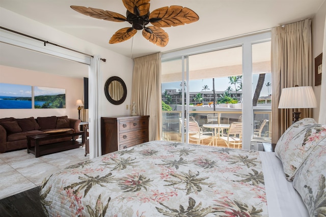 bedroom featuring access to exterior and ceiling fan