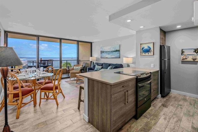 kitchen featuring black appliances, light wood finished floors, a peninsula, and light countertops