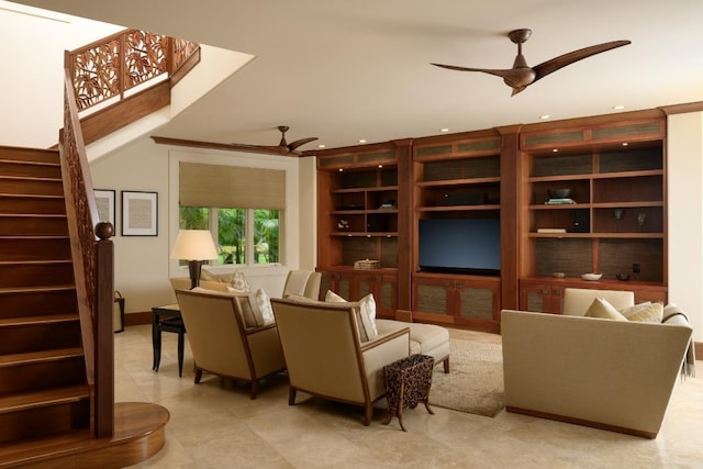 living room featuring stairway, built in features, recessed lighting, and ceiling fan