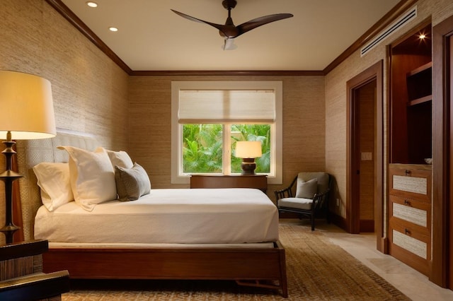 bedroom with visible vents, wallpapered walls, ornamental molding, recessed lighting, and a ceiling fan