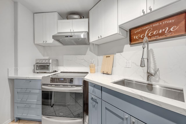 kitchen featuring white cabinetry, electric range, sink, and exhaust hood