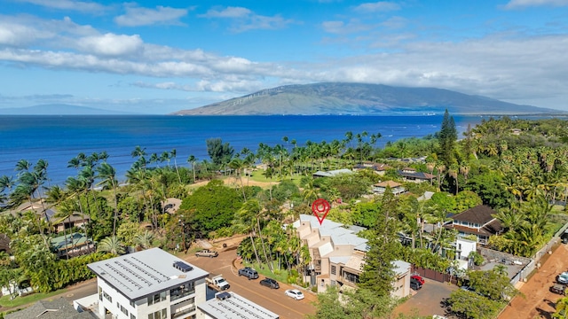 birds eye view of property with a water and mountain view