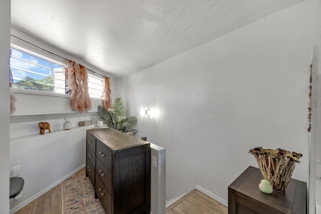 bathroom with hardwood / wood-style flooring, vaulted ceiling, and a textured ceiling