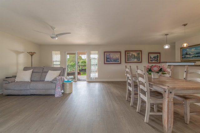 living room featuring light hardwood / wood-style floors and ceiling fan