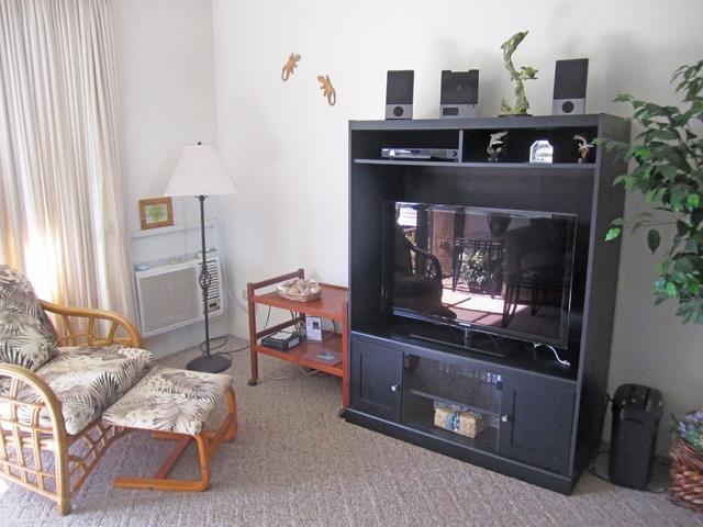 2695 S Kihei Rd Unit 1204, Kihei, HI 96753 - living area with carpet floors and a wall unit AC