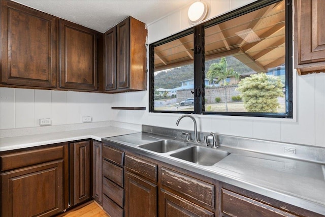 kitchen with light wood-type flooring, dark brown cabinetry, and sink