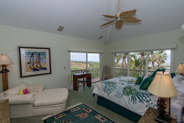 carpeted bedroom with ceiling fan, access to outside, and vaulted ceiling