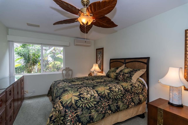 carpeted bedroom featuring ceiling fan and an AC wall unit