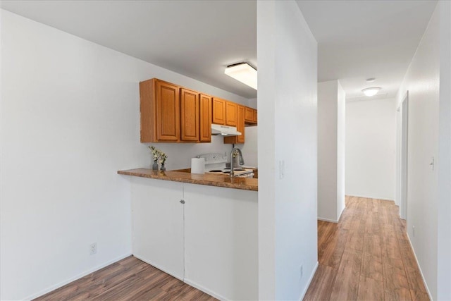 kitchen featuring white range oven, kitchen peninsula, and wood-type flooring