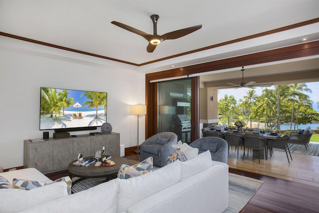 1 Bay Dr Unit 1205, Lahaina, HI 96761 - living room featuring a ceiling fan, wood finished floors, recessed lighting, and a tray ceiling
