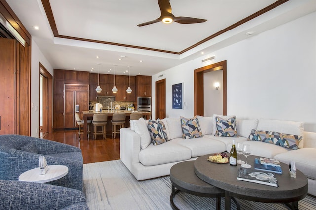 1 Bay Dr Unit 1205, Lahaina, HI 96761 - living area with a raised ceiling, wood finished floors, recessed lighting, and ceiling fan