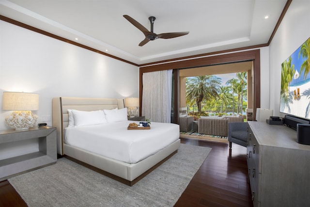 1 Bay Dr Unit 1205, Lahaina, HI 96761 - bedroom featuring a raised ceiling, dark wood-style flooring, recessed lighting, and a ceiling fan