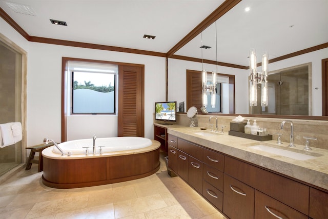 1 Bay Dr Unit 1205, Lahaina, HI 96761 - bathroom with crown molding, double vanity, a bath, a shower stall, and a chandelier