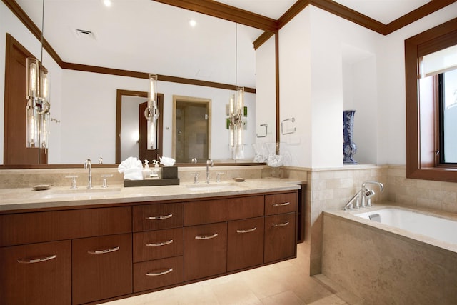 1 Bay Dr Unit 1205, Lahaina, HI 96761 - full bath featuring double vanity, crown molding, a garden tub, tile patterned floors, and a wainscoted wall