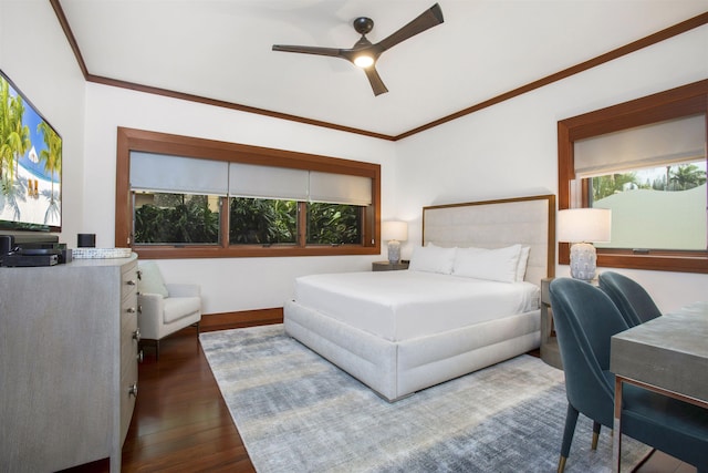 1 Bay Dr Unit 1205, Lahaina, HI 96761 - bedroom featuring multiple windows, dark wood-style flooring, ornamental molding, baseboards, and a ceiling fan