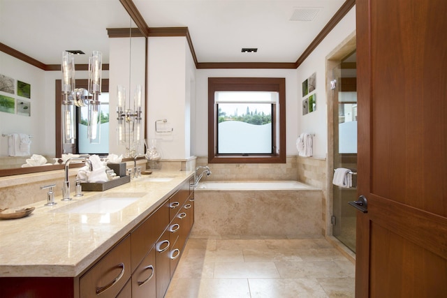 1 Bay Dr Unit 1205, Lahaina, HI 96761 - bathroom featuring a bath, crown molding, double vanity, a chandelier, and tile patterned floors