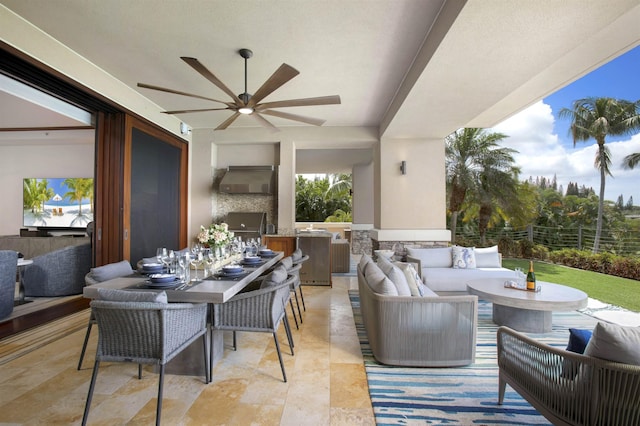 1 Bay Dr Unit 1205, Lahaina, HI 96761 - view of patio featuring an outdoor living space, exterior kitchen, outdoor dining area, and ceiling fan