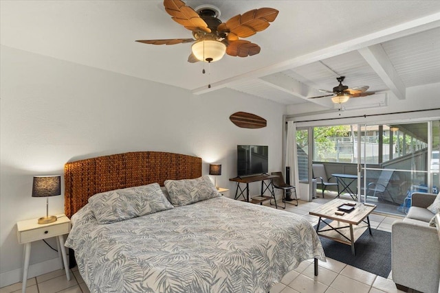 715 S Kihei Rd Unit D135, Kihei, HI 96753 - bedroom featuring access to exterior, light tile patterned floors, beam ceiling, and ceiling fan