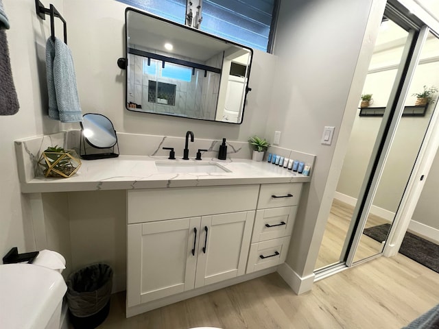 bathroom featuring hardwood / wood-style floors, walk in shower, and vanity