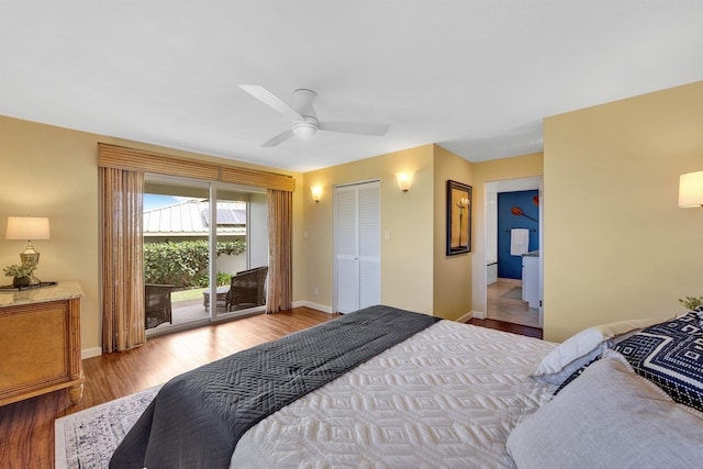 bedroom with access to exterior, light wood finished floors, a closet, a ceiling fan, and baseboards