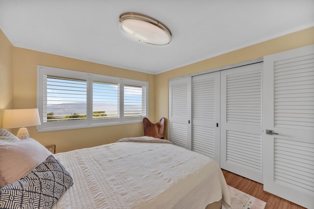 bedroom featuring a closet, crown molding, and light wood finished floors