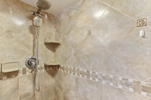 interior details featuring a tile shower