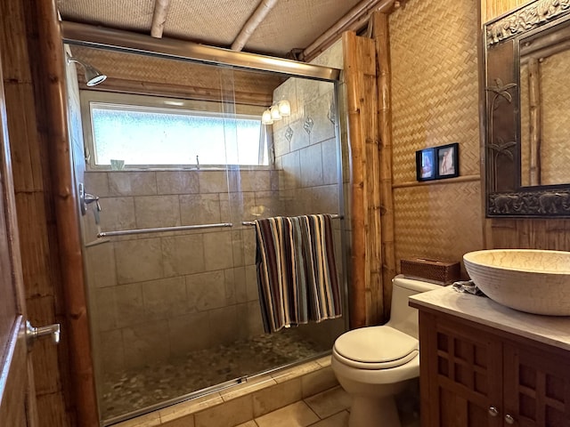 full bathroom featuring toilet, a stall shower, and vanity