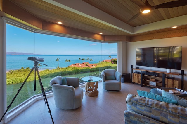 4000 Wailea Alanui Dr Unit 3003, Kihei, HI 96753 - living room featuring wood ceiling, tile patterned floors, and ceiling fan