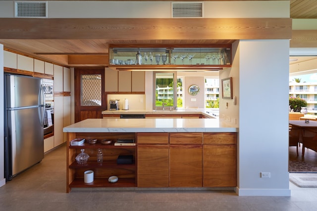 4000 Wailea Alanui Dr Unit 3003, Kihei, HI 96753 - kitchen with appliances with stainless steel finishes, open shelves, wooden ceiling, a peninsula, and tile patterned floors