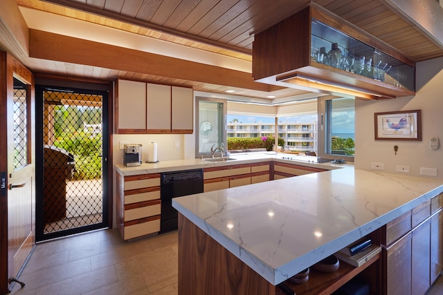 4000 Wailea Alanui Dr Unit 3003, Kihei, HI 96753 - kitchen with black dishwasher, wood ceiling, a peninsula, light stone countertops, and light tile patterned flooring