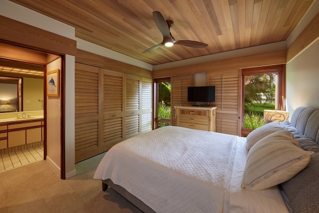 4000 Wailea Alanui Dr Unit 3003, Kihei, HI 96753 - tiled bedroom with wooden ceiling, ensuite bathroom, and a ceiling fan