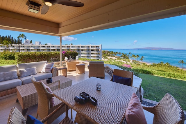 4000 Wailea Alanui Dr Unit 3003, Kihei, HI 96753 - view of patio / terrace featuring an outdoor hangout area, a ceiling fan, outdoor dining area, and a water view
