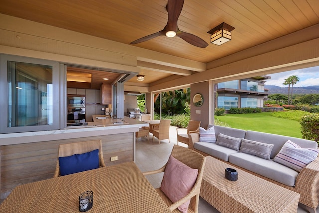 4000 Wailea Alanui Dr Unit 3003, Kihei, HI 96753 - view of patio featuring an outdoor hangout area, a mountain view, a ceiling fan, and grilling area