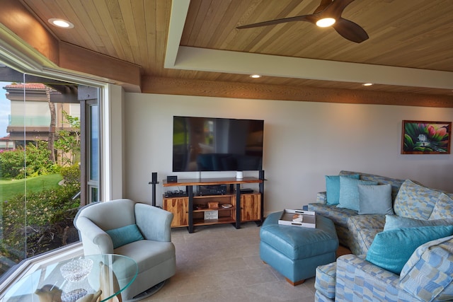 4000 Wailea Alanui Dr Unit 3003, Kihei, HI 96753 - tiled living area featuring wood ceiling, a ceiling fan, and recessed lighting