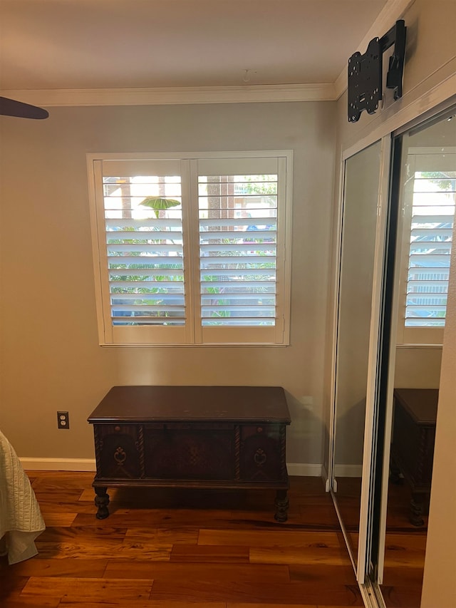 interior space featuring ornamental molding and dark hardwood / wood-style floors